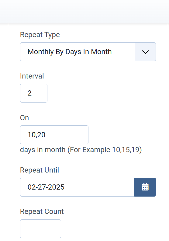 Monthly recurring by days in month settings