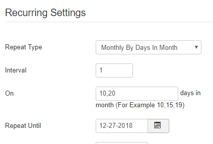 Monthly recurring by days in month settings