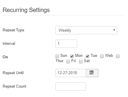 Weekly Recurring Events settings