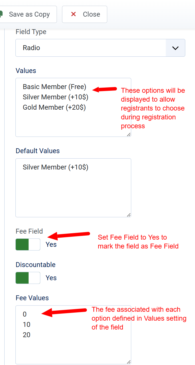 Radio Custom Fee Field