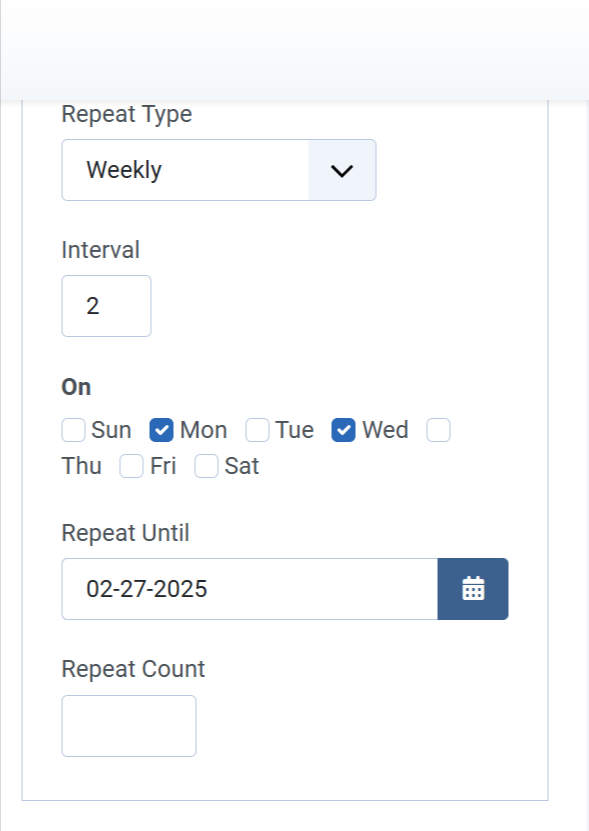 Weekly Recurring Events settings