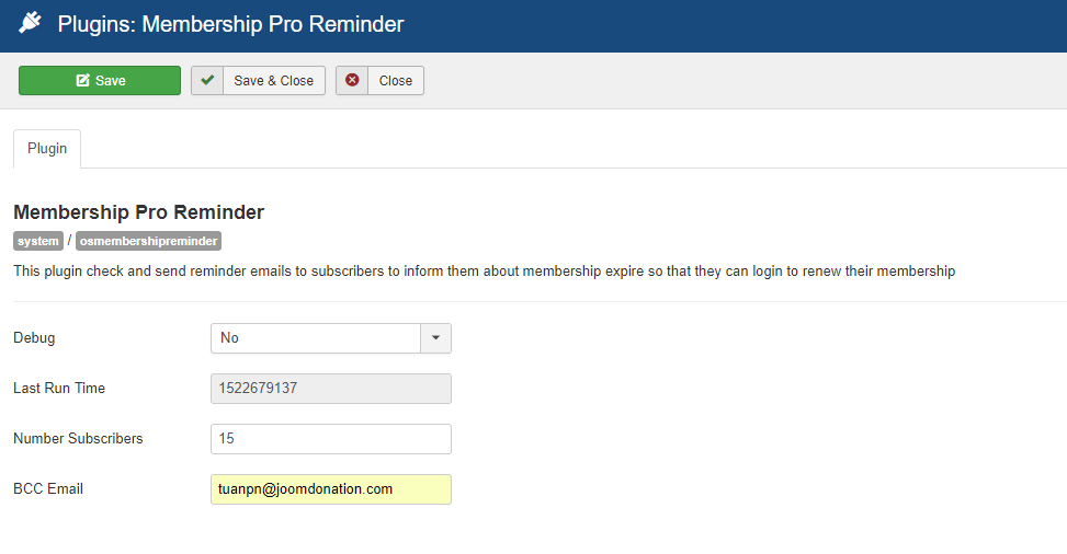 Membership Pro - Reminder plugin settings