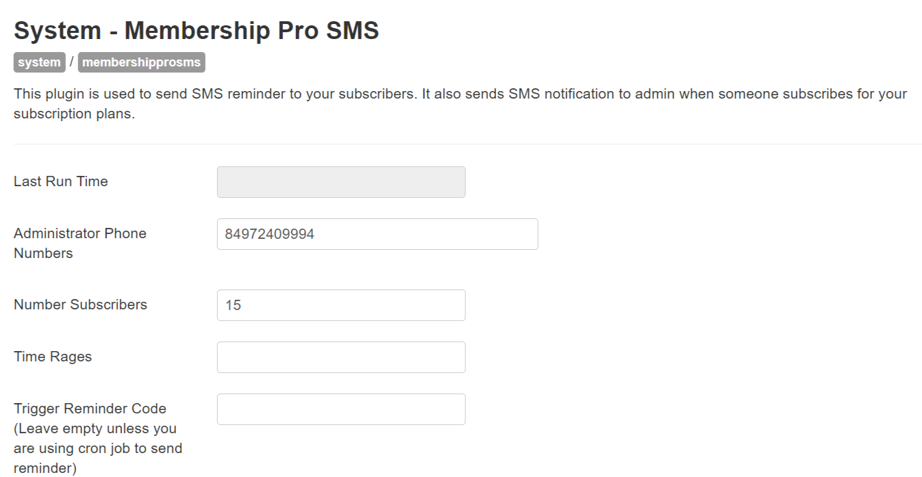 System - Membership Pro SMS plugin settings